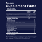 Supplement facts label for TestroVax on a dark blue background