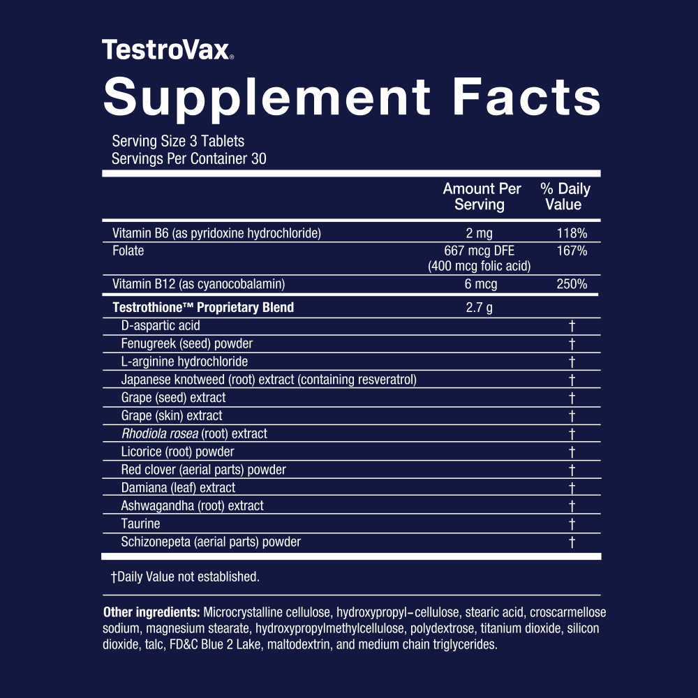 Supplement facts label for TestroVax on a dark blue background