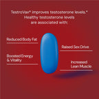 Blue vial of TestroVax on a red background with text about hormone therapy benefits.