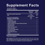 An image displaying a "Supplement Facts" label with a dark blue background. The label details the nutritional information for a serving size of 3 tablets, with 30 servings per container.