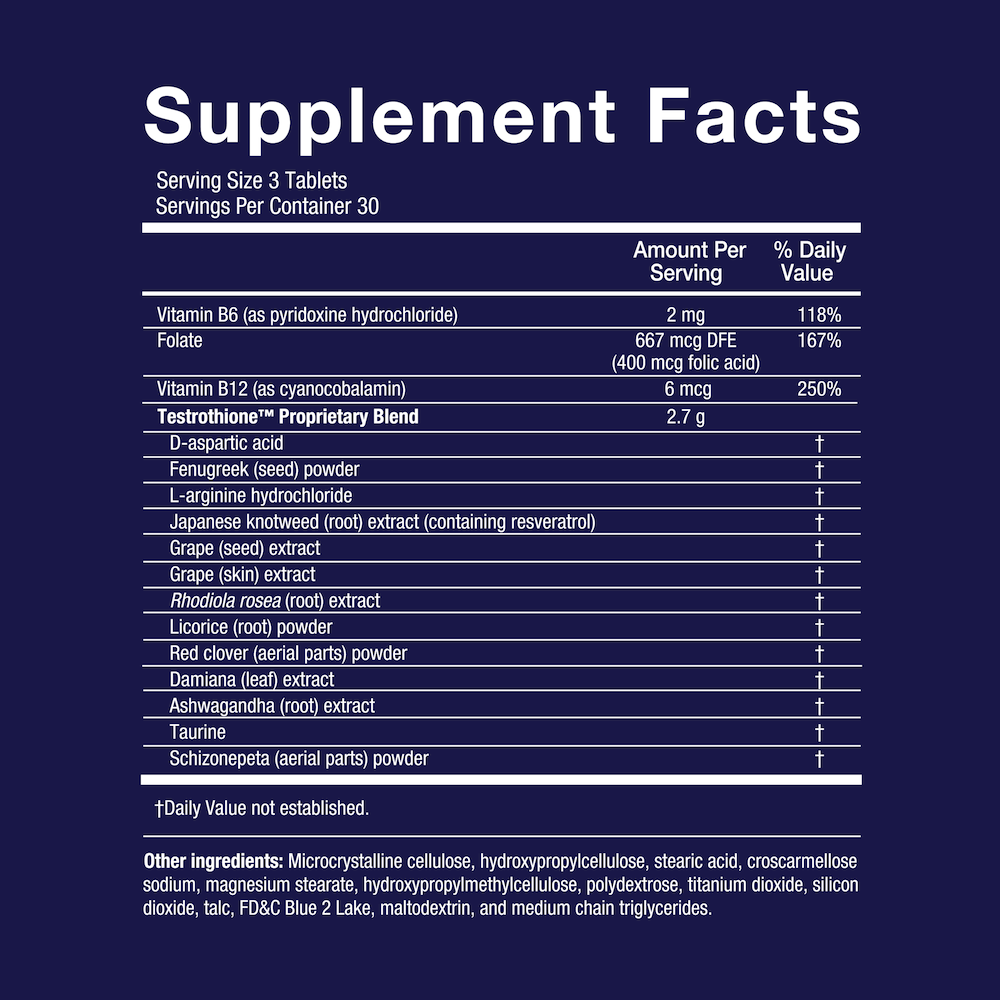 An image displaying a "Supplement Facts" label with a dark blue background. The label details the nutritional information for a serving size of 3 tablets, with 30 servings per container.