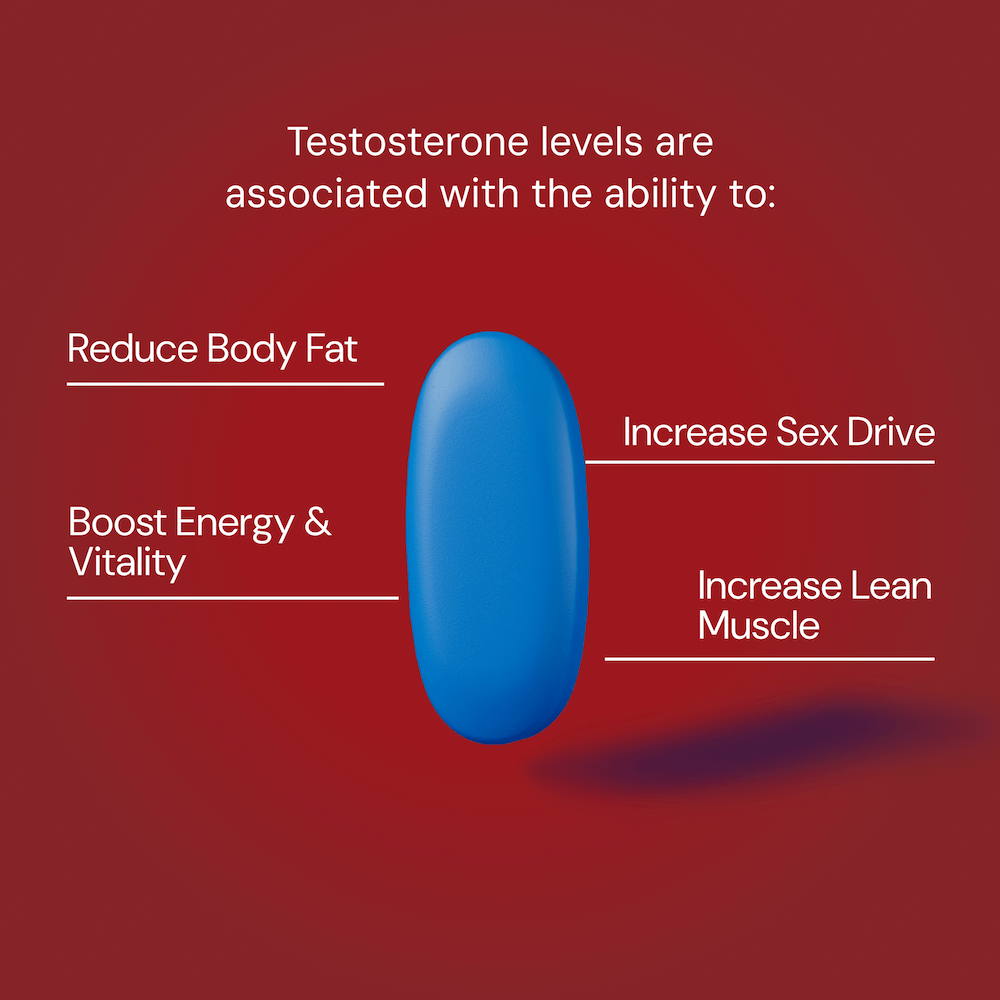 An image with a red background featuring a blue capsule in the center, symbolizing a supplement. Text around the capsule reads: "Testosterone levels are associated with the ability to:" with four benefits listed: "Reduce Body Fat" on the left, "Boost Energy & Vitality" below it, "Increase Sex Drive" on the right, and "Increase Lean Muscle" above it. 