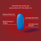An image with a red background featuring a blue capsule in the center, symbolizing a supplement. Text around the capsule reads: "Testosterone levels are associated with the ability to:" with four benefits listed: "Reduce Body Fat" on the left, "Boost Energy & Vitality" below it, "Increase Sex Drive" on the right, and "Increase Lean Muscle" above it. 