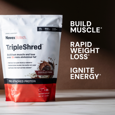 A pouch of Novex Biotech TripleShred chocolate fudge protein powder. Text highlights "Build Muscle," "Rapid Weight Loss," and "Ignite Energy."