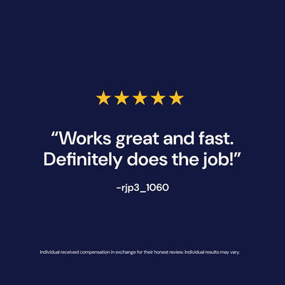 A testimonial on a dark blue background with five yellow stars. The text reads: "Works great and fast. Definitely does the job!" -rjp3_1060. A disclaimer is at the bottom.