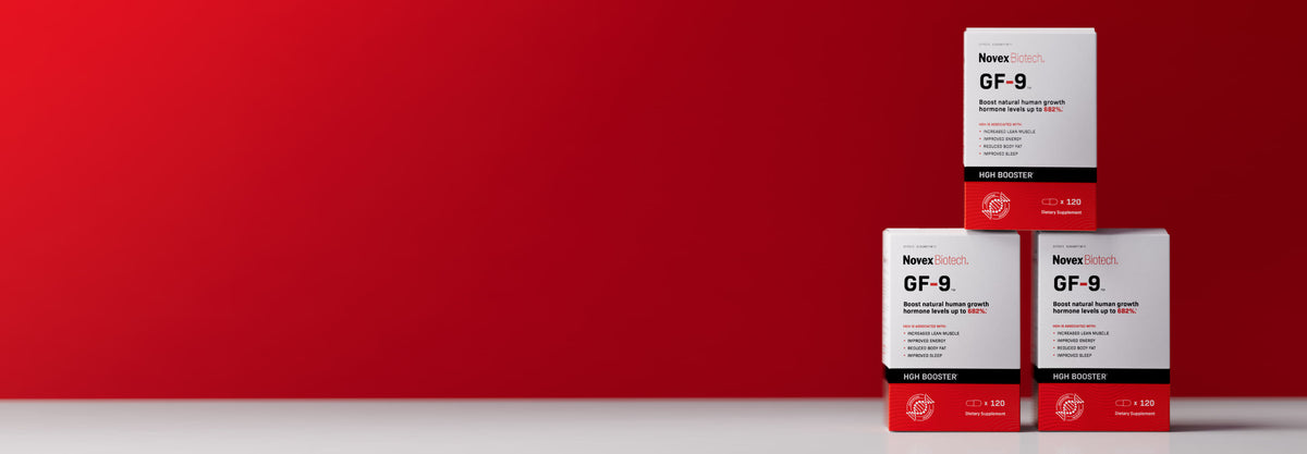 A stack of three GF-9 boxes on red background.