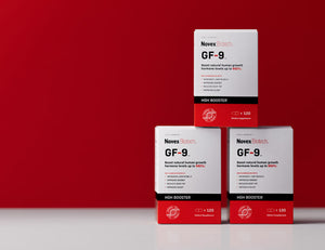 A stack of three GF-9 boxes on red background.