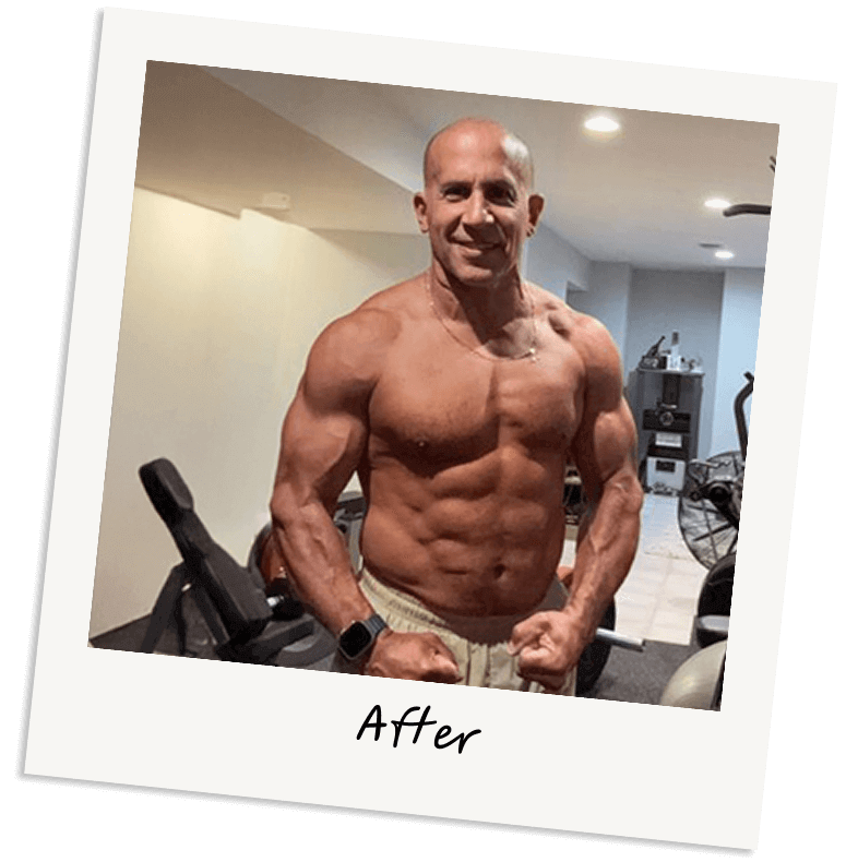 Muscular man flexing in a gym setting with 'After' text