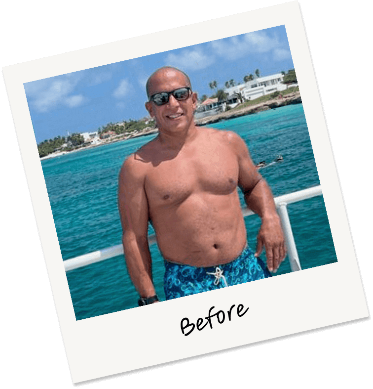 Man on a boat with clear blue water and white buildings in the background, labeled 'Before'.