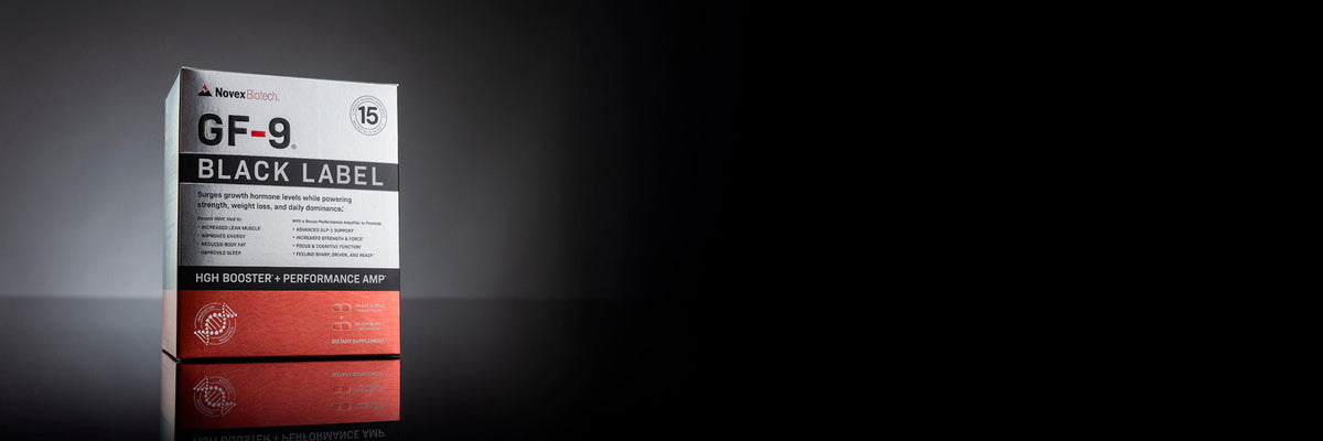 GF-9 Black Label supplement box on a dark background