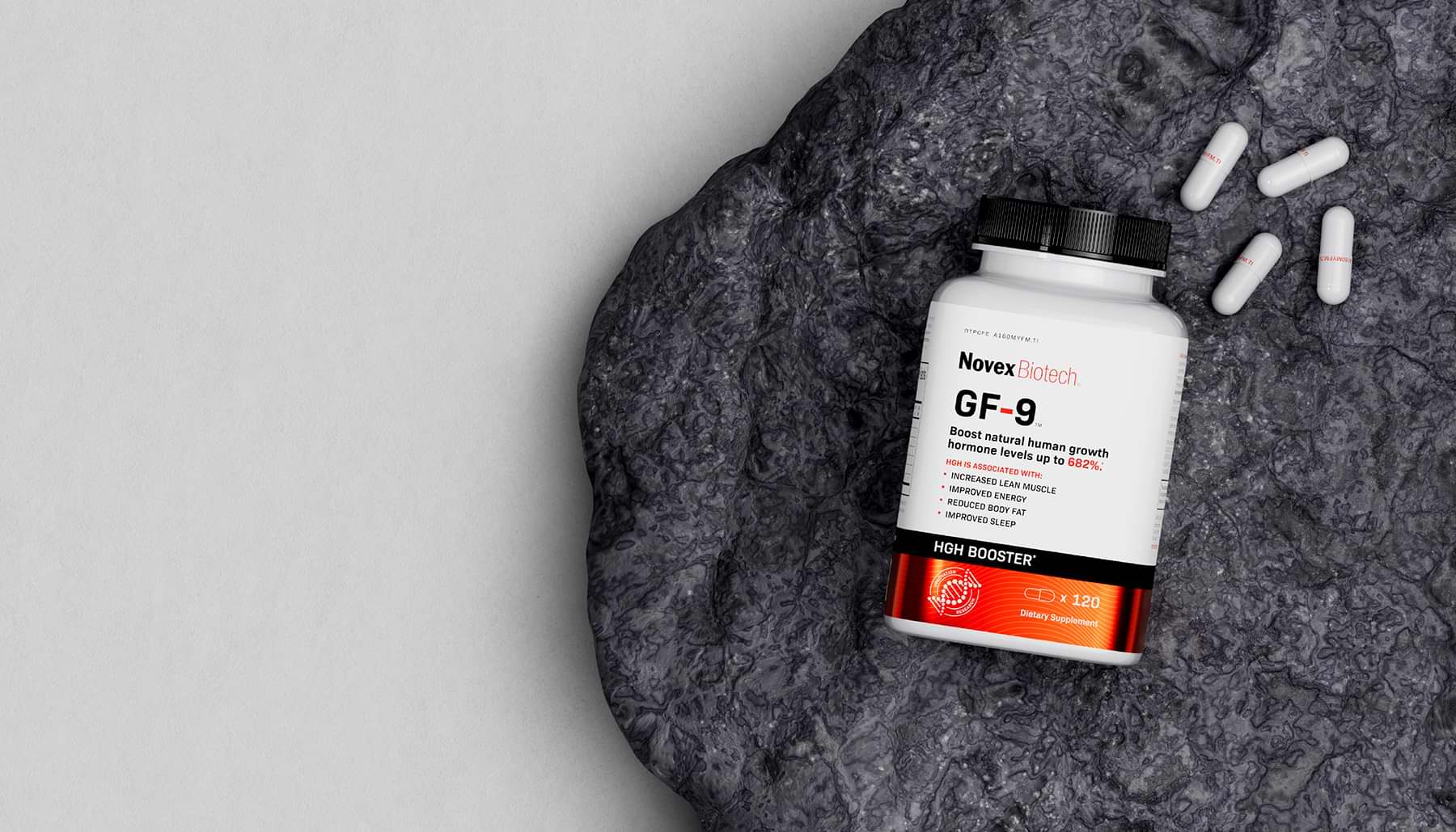GF-9 bottle on rock with capsules.