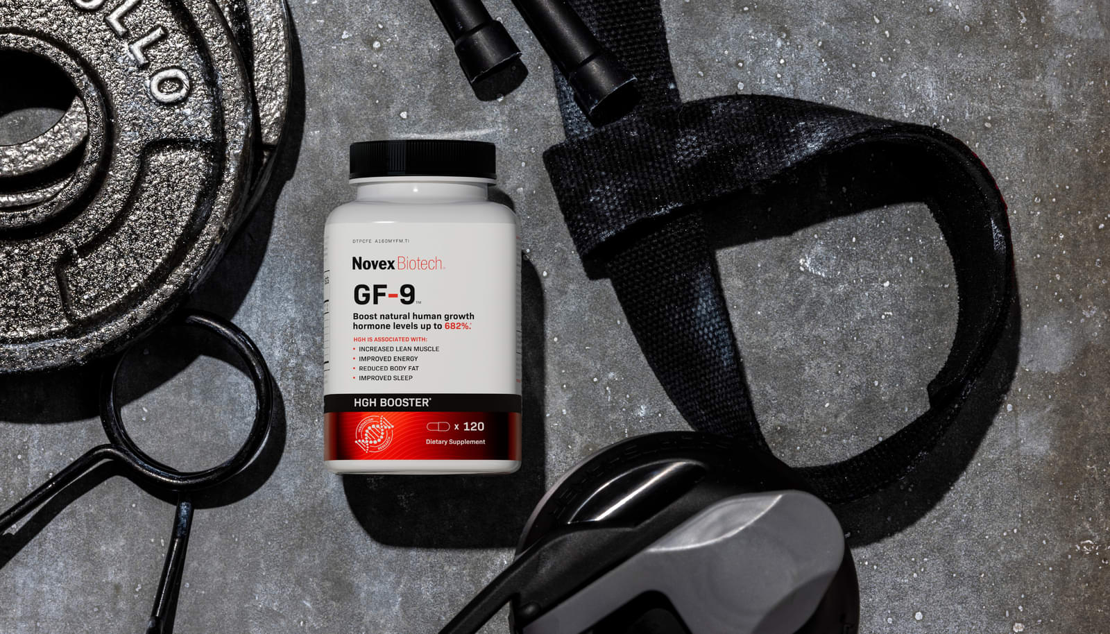 Gf-9 bottle with weightlifting equipment.