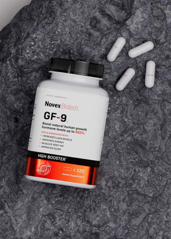 GF-9 bottle with capsules lying on a stone