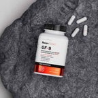 A bottle of Novex Biotech GF-9, a dietary supplement labeled as a HGH Booster. The bottle contains 120 capsules