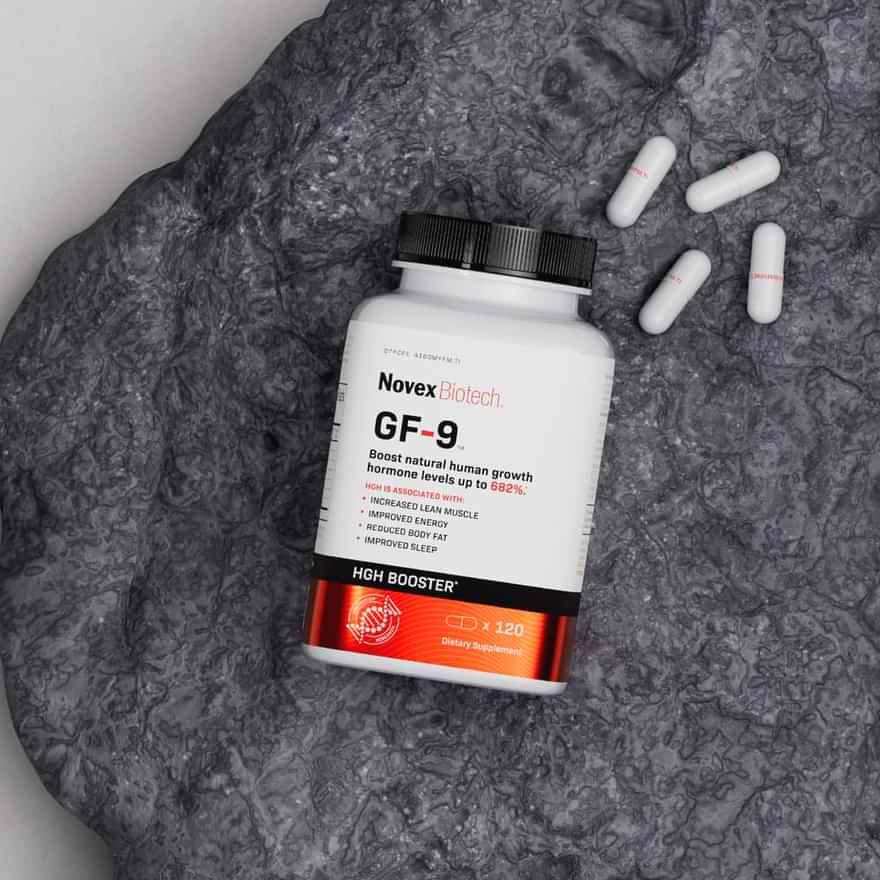 A bottle of Novex Biotech GF-9, a dietary supplement labeled as a HGH Booster. The bottle contains 120 capsules