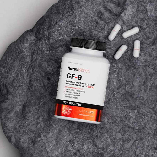 A bottle of Novex Biotech GF-9, a dietary supplement labeled as a HGH Booster. The bottle contains 120 capsules