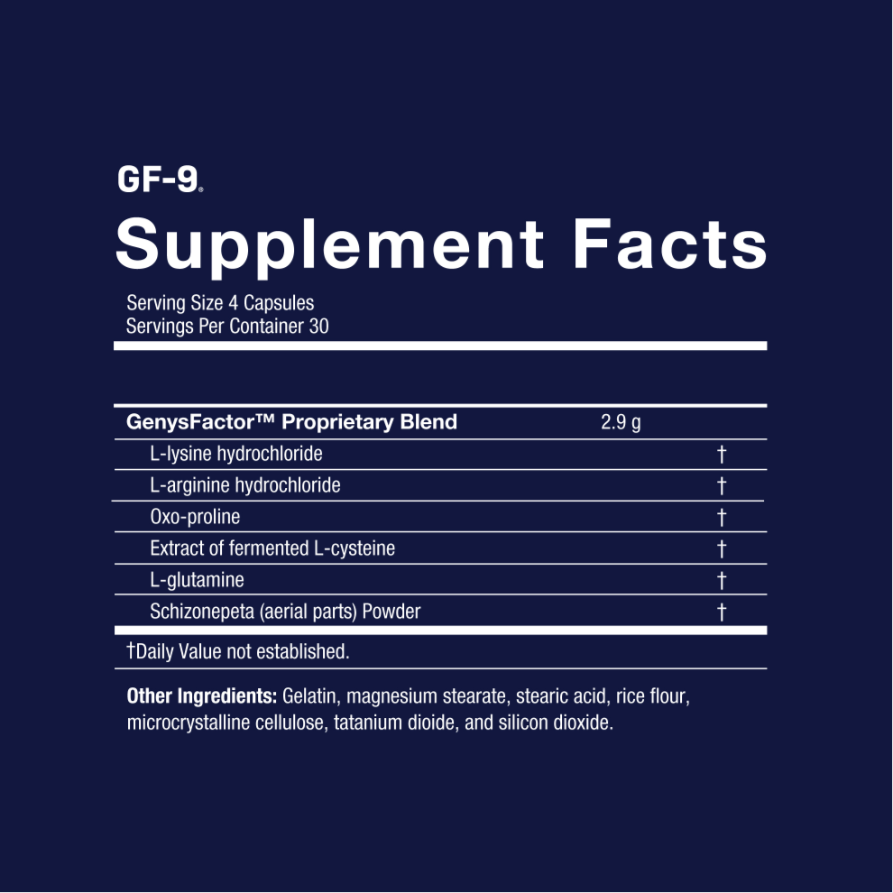Supplement facts label for GF-9 on a dark blue background