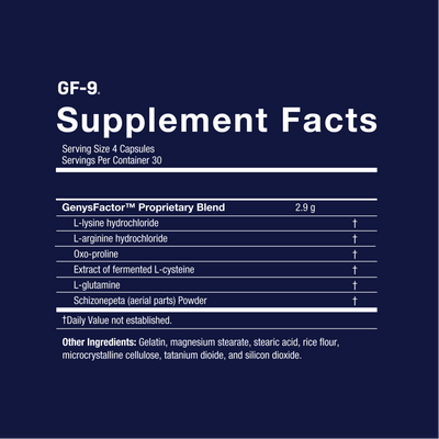 Supplement facts label for GF-9 on a dark blue background