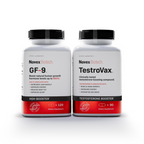 Two white bottles of Novex Biotech supplements, GF-9 HGH Booster and TestroVax Testosterone Booster, are displayed against a white background.