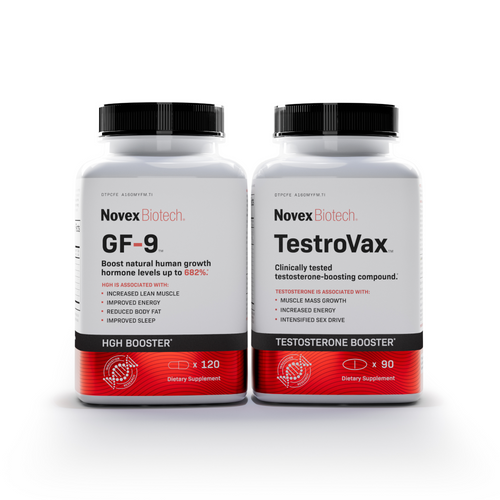 Two white bottles of Novex Biotech supplements, GF-9 HGH Booster and TestroVax Testosterone Booster, are displayed against a white background.