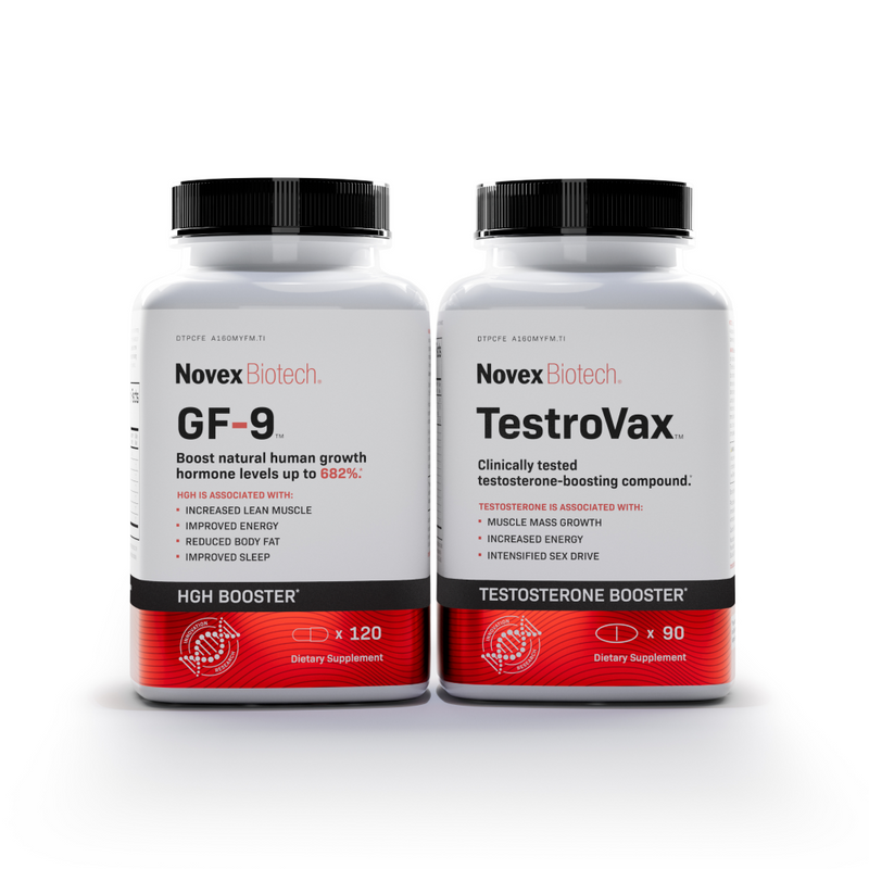 Two white bottles of Novex Biotech supplements, GF-9 HGH Booster and TestroVax Testosterone Booster, are displayed against a white background.
