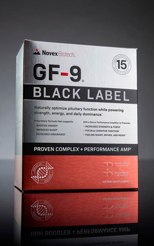 Novex Biotech GF-9 Black Label supplement packaging on a reflective surface with a dark background