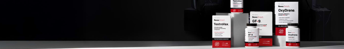 Novex Biotech Black Friday supplement bundle featuring Testrovax, OxyDrene, and GF-9 boxes and bottles against a black background with gift-wrapped boxes.