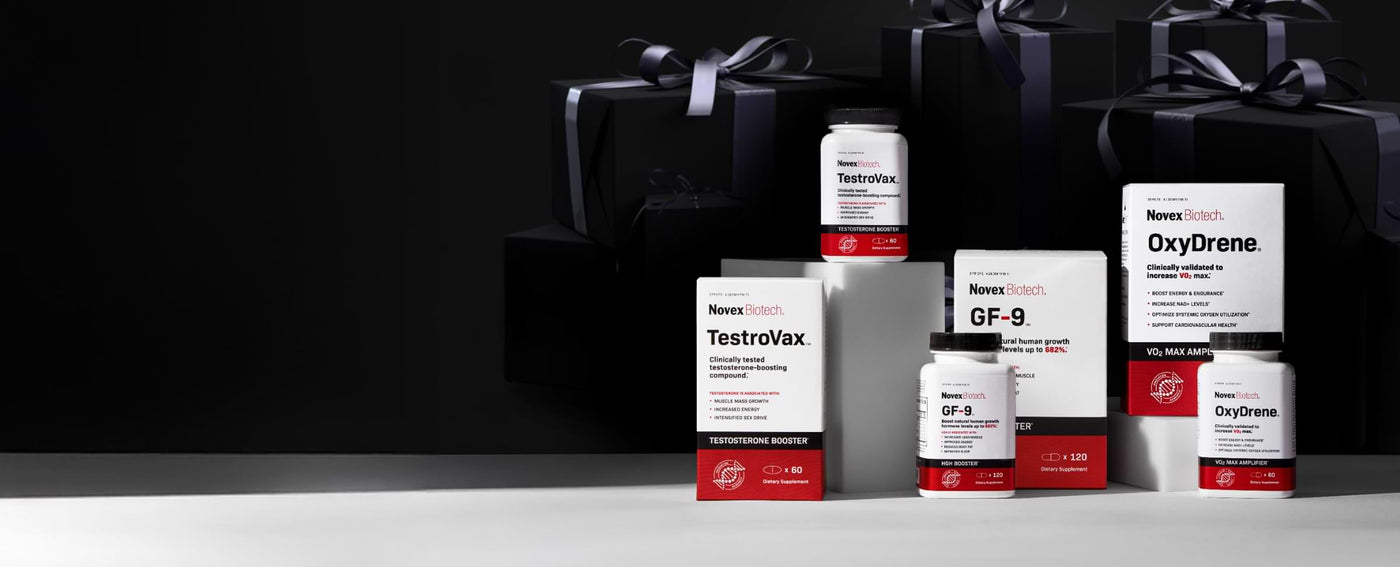 Novex Biotech Black Friday supplement bundle featuring Testrovax, OxyDrene, and GF-9 boxes and bottles against a black background with gift-wrapped boxes.