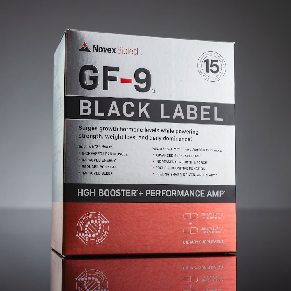 Novex Biotech GF-9 Black Label supplement box on a gray background