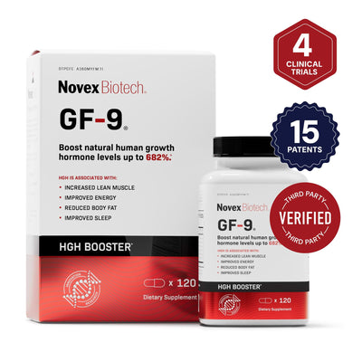 Novex Biotech GF-9 HGH Booster supplement packaging with clinical trial and patent information on a white background.