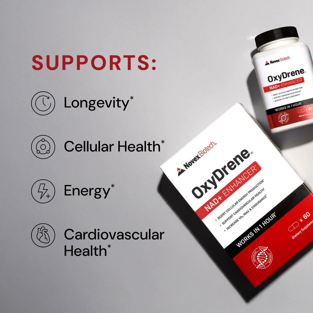 Novex Biotech OxyDrene supplement bottle and packaging on a gray background with benefits listed.