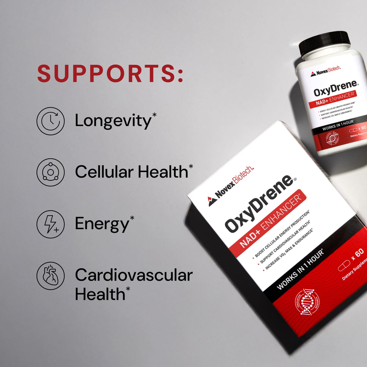 Novex Biotech OxyDrene supplement bottle and packaging on a gray background with benefits listed.
