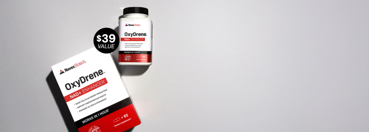 Novex Biotech OxyDrene VO2 Max Amplifier dietary supplement bottle and packaging box on a gray background with a $39 value badge.