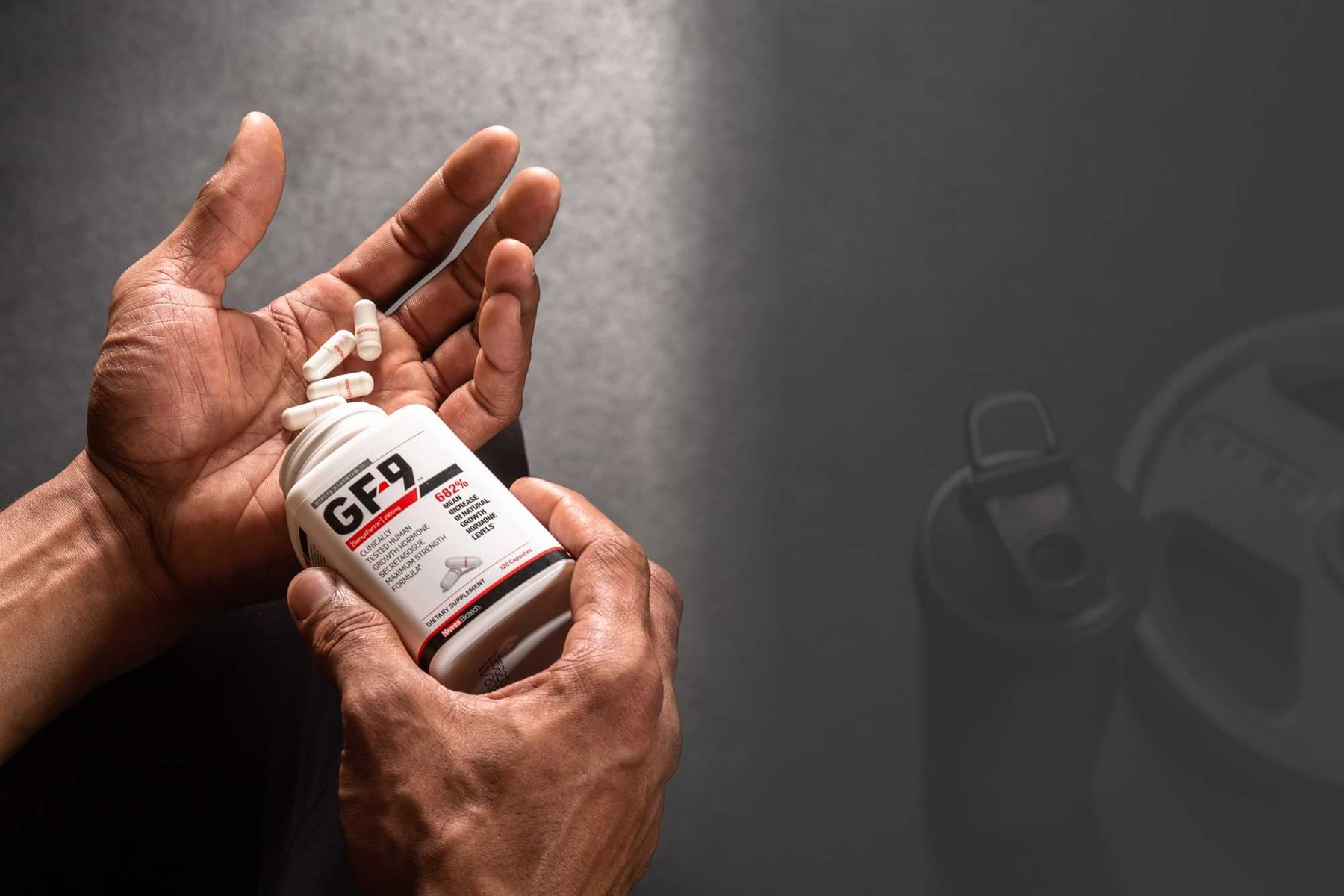 Close up of GF-9 capsules being tipped out of the bottle into someone's hand. Next to it is a graphic showing a benefit timeline experienced by GF-9 users. In month one, users experienced better sleep quality, more energy, improved mood, feeling younger