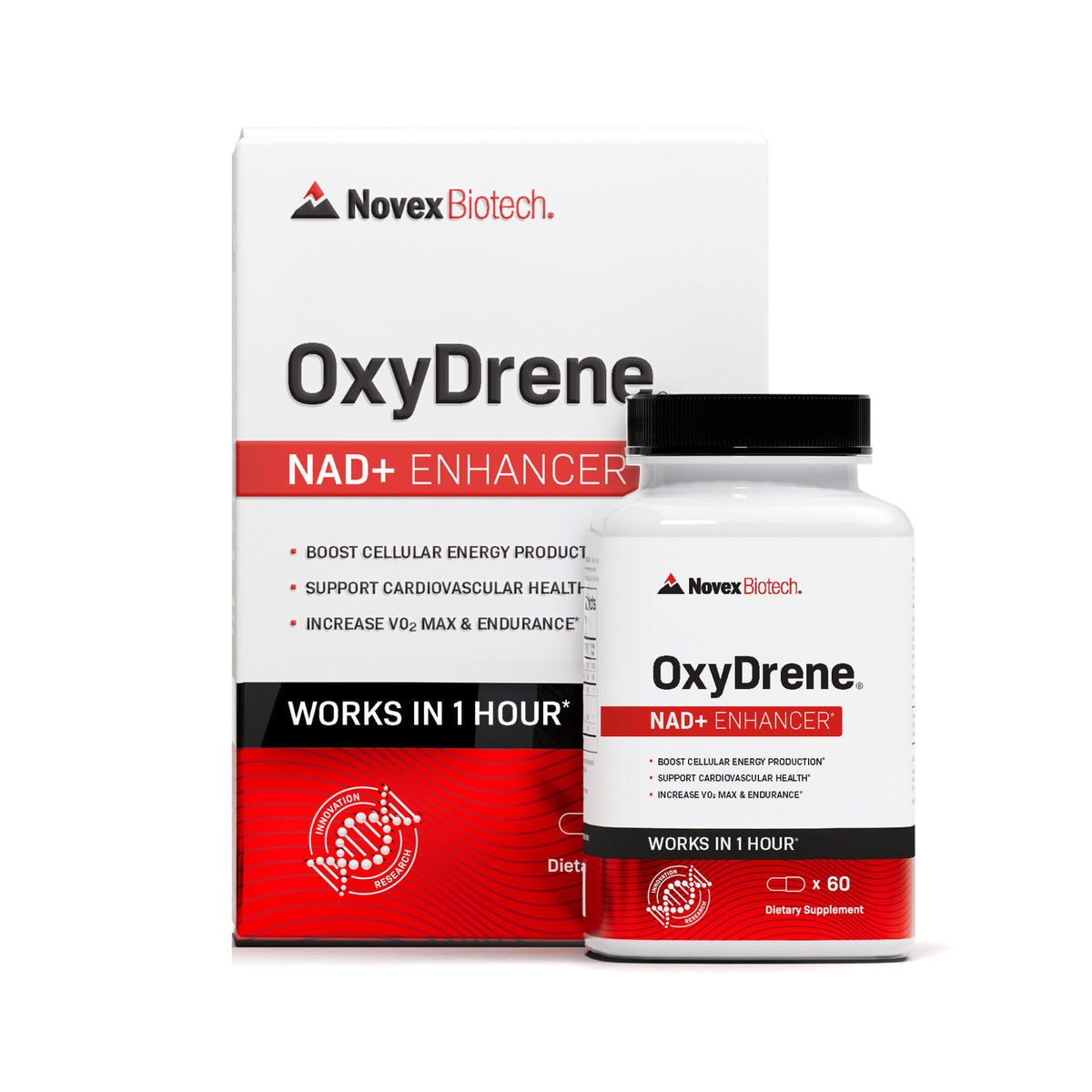 The image shows a product called OxyDrene, which is a dietary supplement. The package has a white and red design with text that includes the product name and the claim of 'Clinically validated to increase VO2 max'.