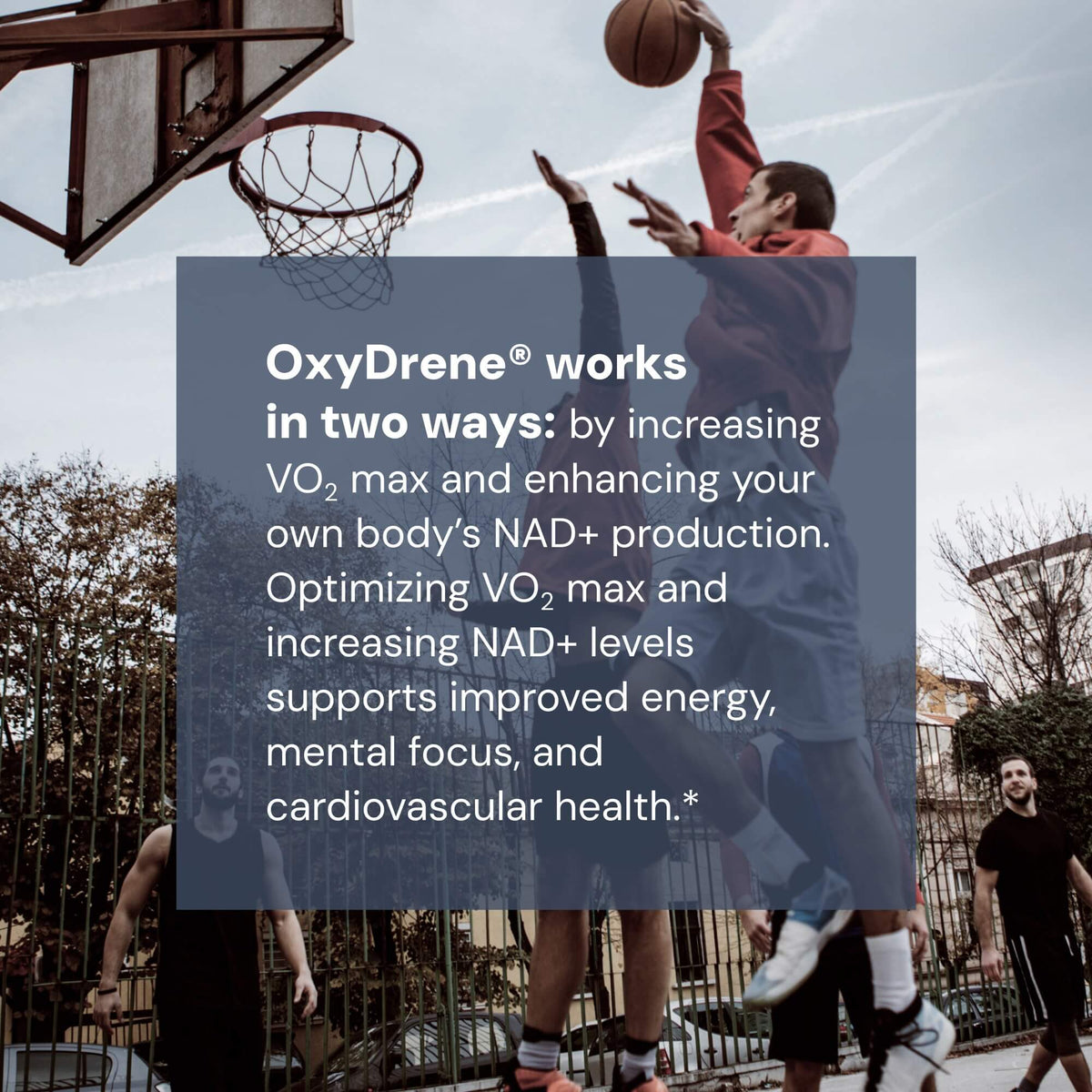 Basketball player in action with OxyDrene description text overlay