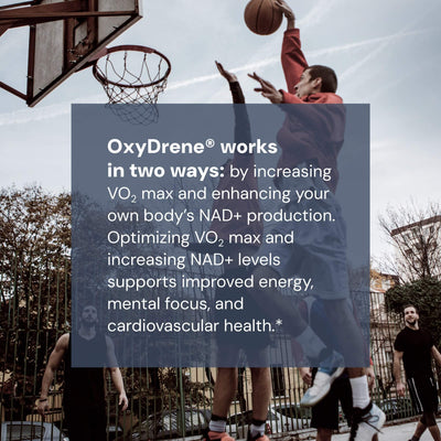 Basketball player in action with OxyDrene description text overlay