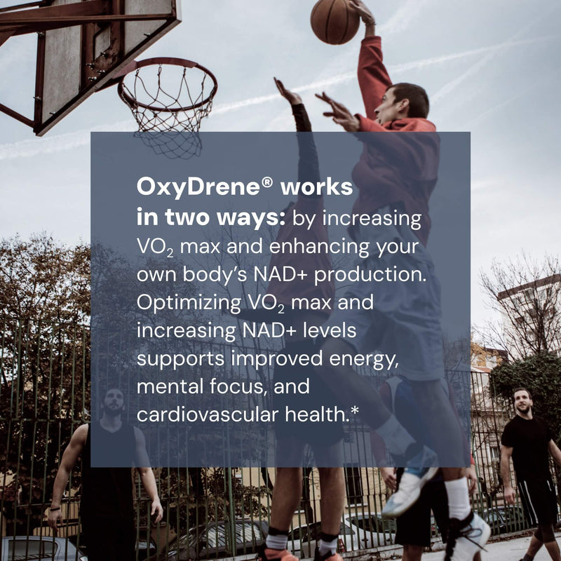 Basketball player in action with OxyDrene description text overlay