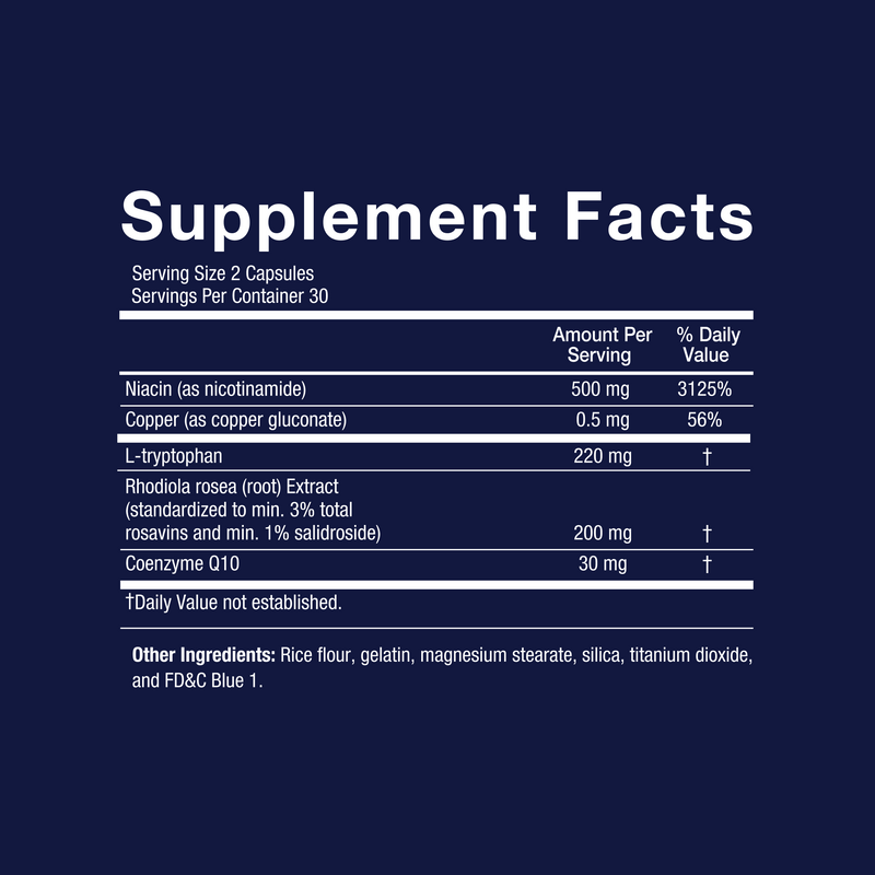 Supplement facts label with detailed nutritional information on a dark blue background