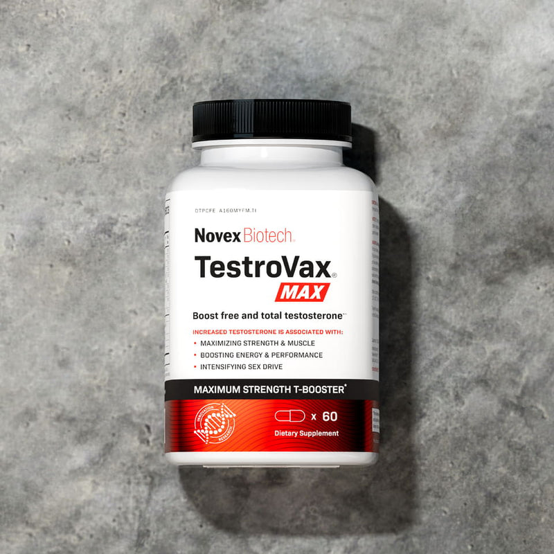 A bottle of TestroVax Max resting on a marble surface