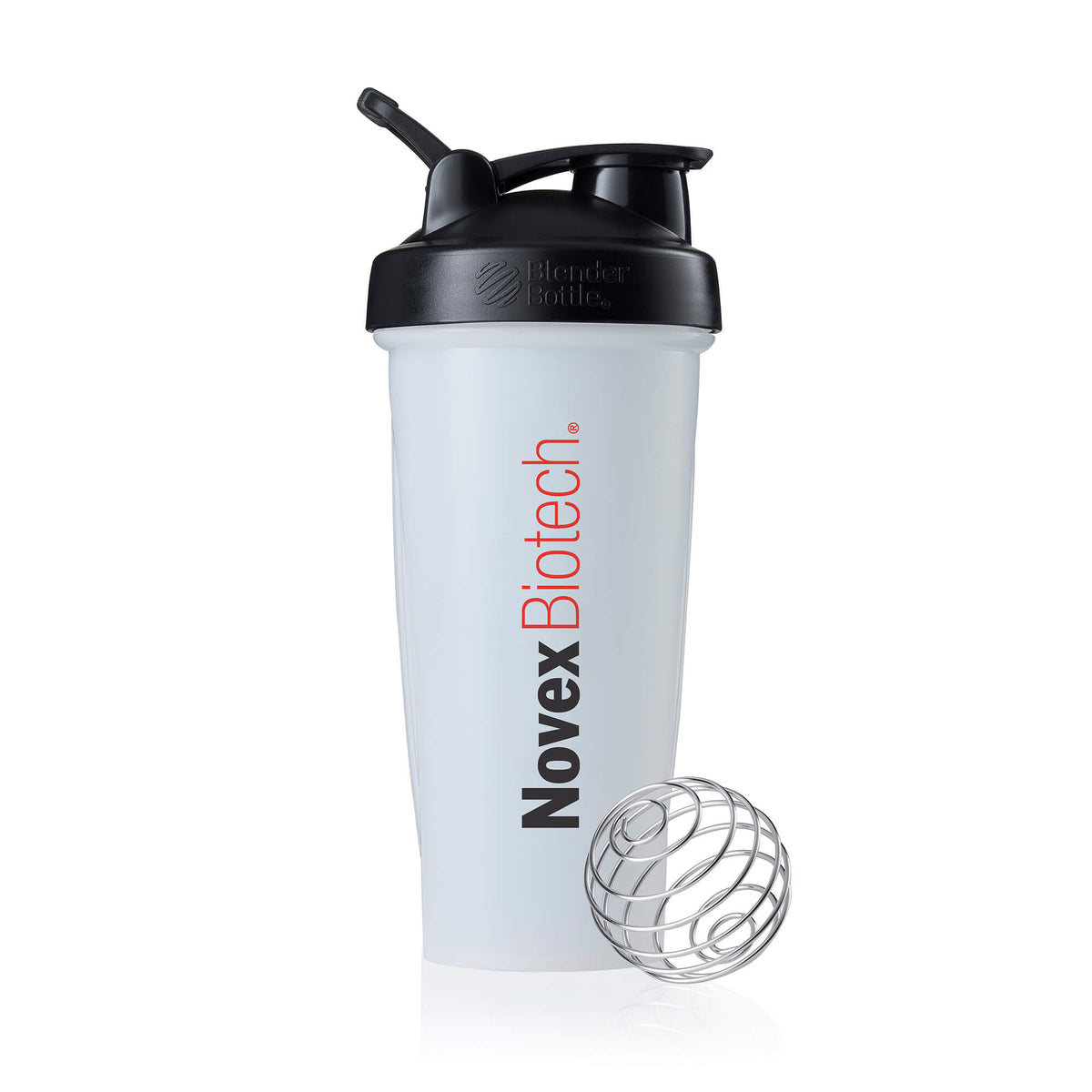 Promotional image of a white Novex Biotech shaker bottle by BlenderBottle with black lid and flip-top spout. Red/black logo on the side, with a matching wire whisk ball in front on a reflective surface.